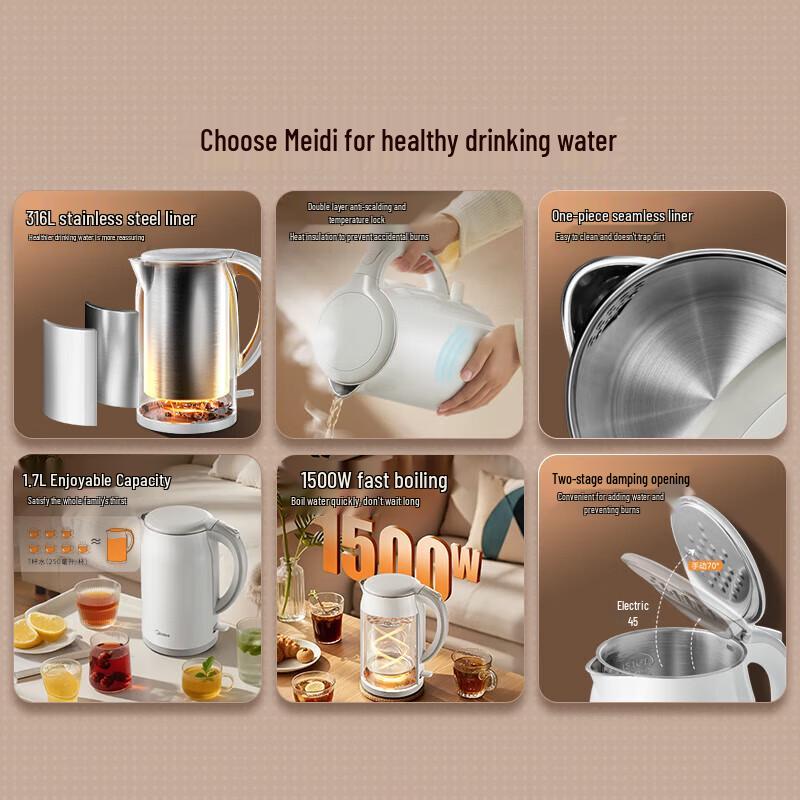 Midea 1.7L 316L Stainless Steel Double-Layer Anti-Scald Electric Kettle CN plug (adapter included)