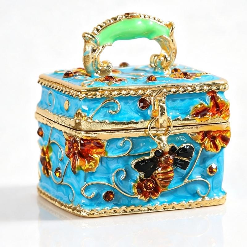 Mini Jewelry Storage Box with Enamel Finish, Metal Accessory Holder for Dresser Top, Desk Accent or Shelf Display