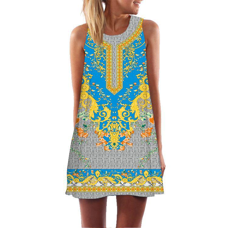European and American new retro digital printing crew neck hot-selling off-the-shoulder medium and long vest dress