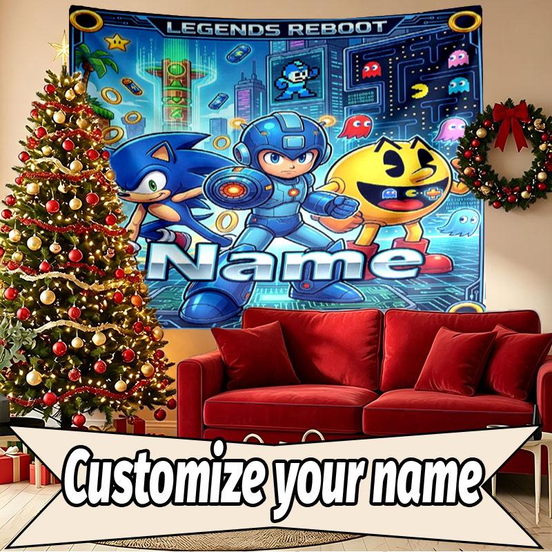 Custom Name Personalized PAC MAN Print Tapestry, Wall Art Decor, Bedroom, Dorm, Apartment, LivingRoom, Party Backdrop, Gift for Birthday