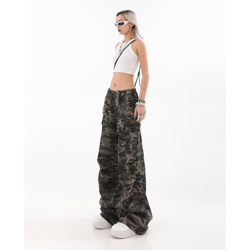 Рабочие брюки в стиле ретро-камуфляж для женщин, осень, свободные прямые повседневные брюки в стиле хип-хоп с драпировкой