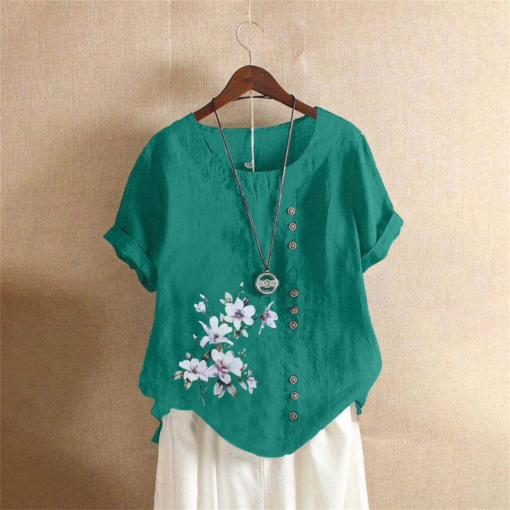 Хлопковая и льняная женская одежда Лето и осень Ретро Повседневная свободная хлопковая и льняная футболка с коротким рукавом Женская одежда больших размеров