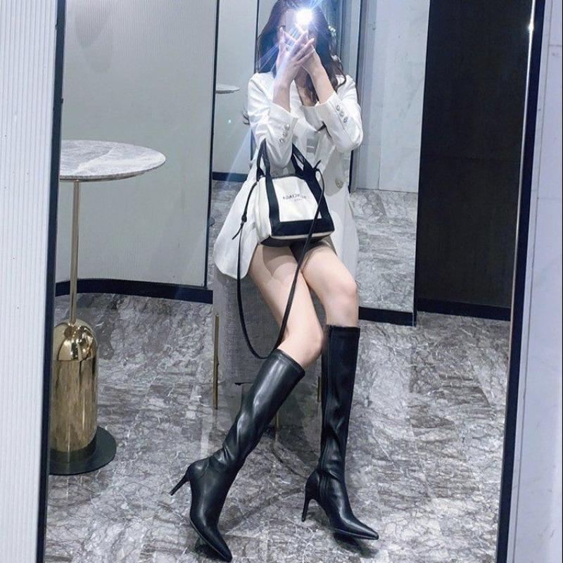Black Winter Knee High Shaft Heels Pointed Toe Women's Boots Leather Footwear Elegant Heeled Shoes for Woman Long Spring  Pu