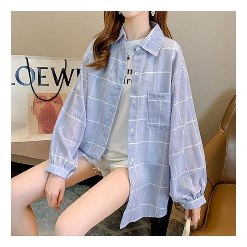 Navava Women Fresh Check Thin Long Sleeve Loose Fit Shirt Nb1927
