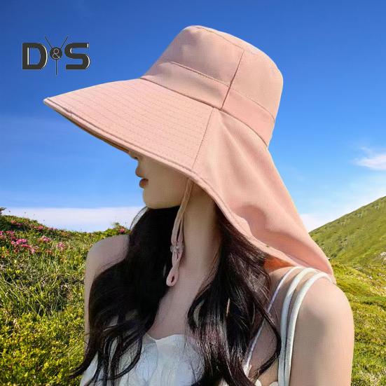 Women Sun Hat Large Brim Sun-Blocking Design Breathable UV Protection Hat Solid Color Adjustable Drawstring Outdoor Tea Hat