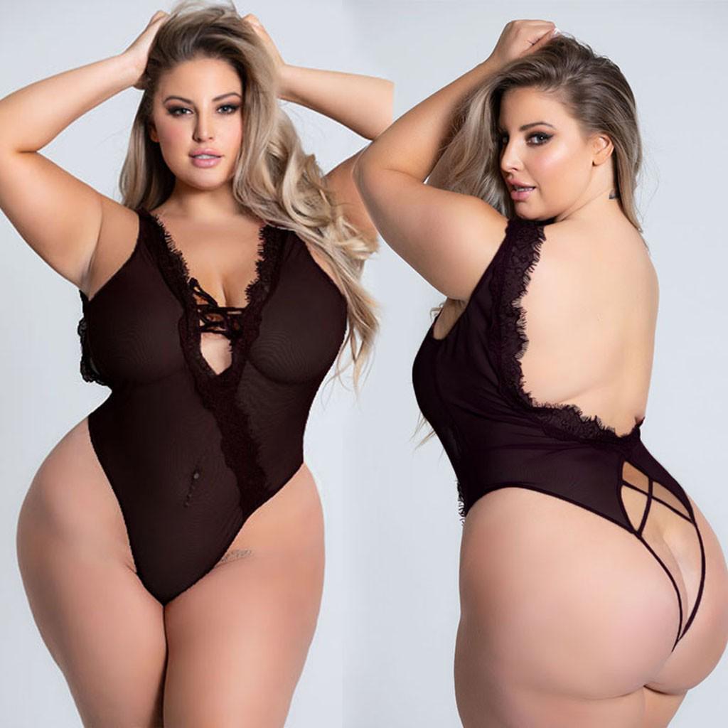 Women Plus Size Sexy Underwear Pajamas Lingerie Deep V-Neck Backless Bodysuit