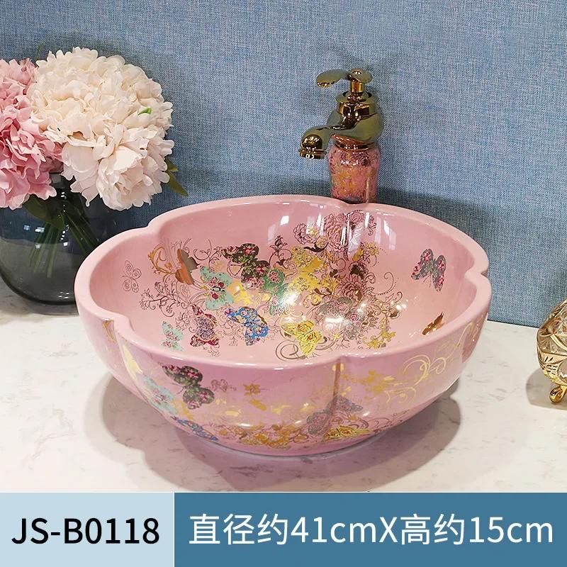 Bathroom Sink Home Bathroom Fixture Garden Petal-shaped Washbasin Above-ground Flower&butterfly Pattern Basin Art Sinks