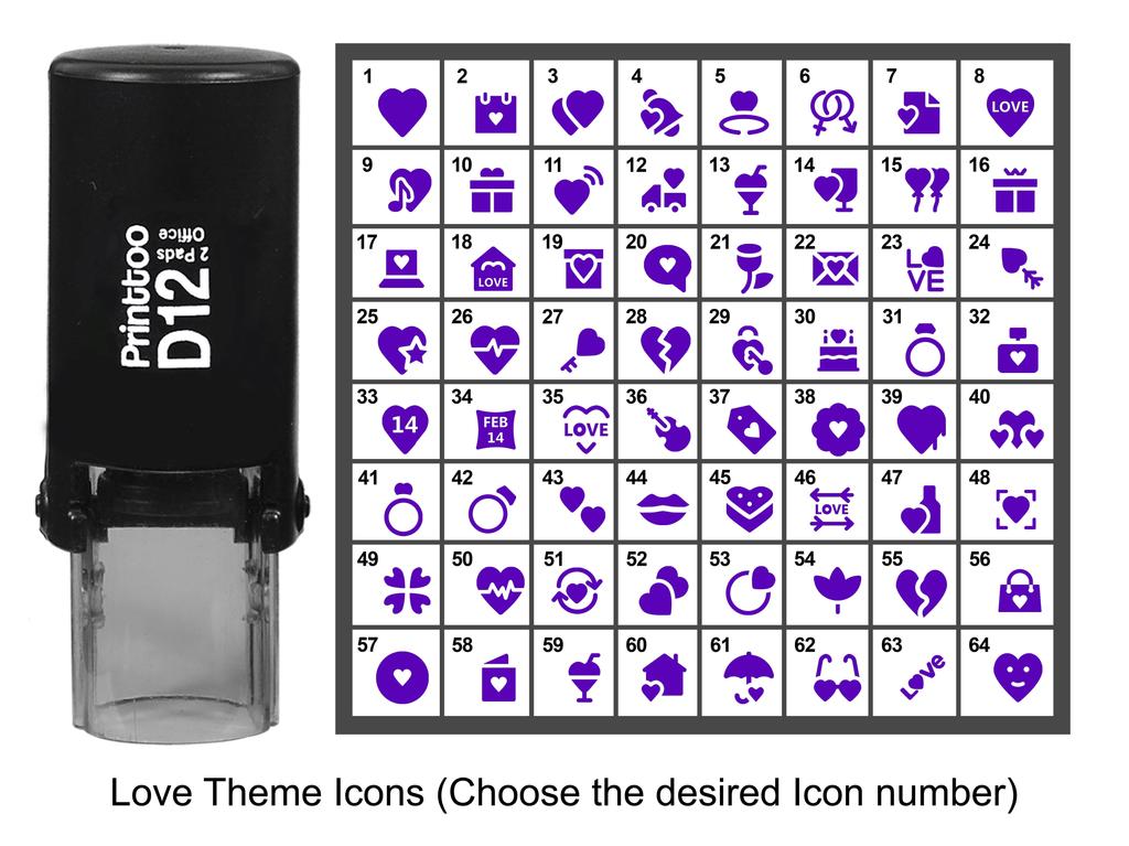 Printtoo Love Theme Icons Круглый резиновый штамп Самоклеящийся штамп 12 мм