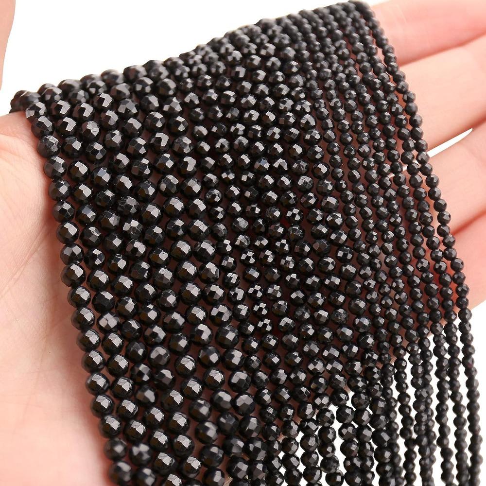 Черные Натуральные Камни 2мм Гранированные Круглые Свободные Бусины DIY Изготовление Ювелирных Изделий Черные Бусины Ожерелье