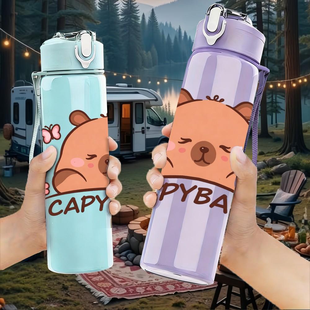 1PC Happy Capybara Cute Animal Print 750ml Color Plastic Sports Water Bottle Leakproof Flip Straw Lid Suitable for Sports Office Home Use