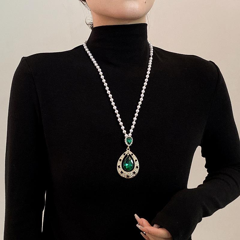 Зеленый кристалл овальная цепочка для свитера интернет-знаменитость простой темперамент универсальная атмосфера ожерелье женская подвеска кулон аксессуары ретро