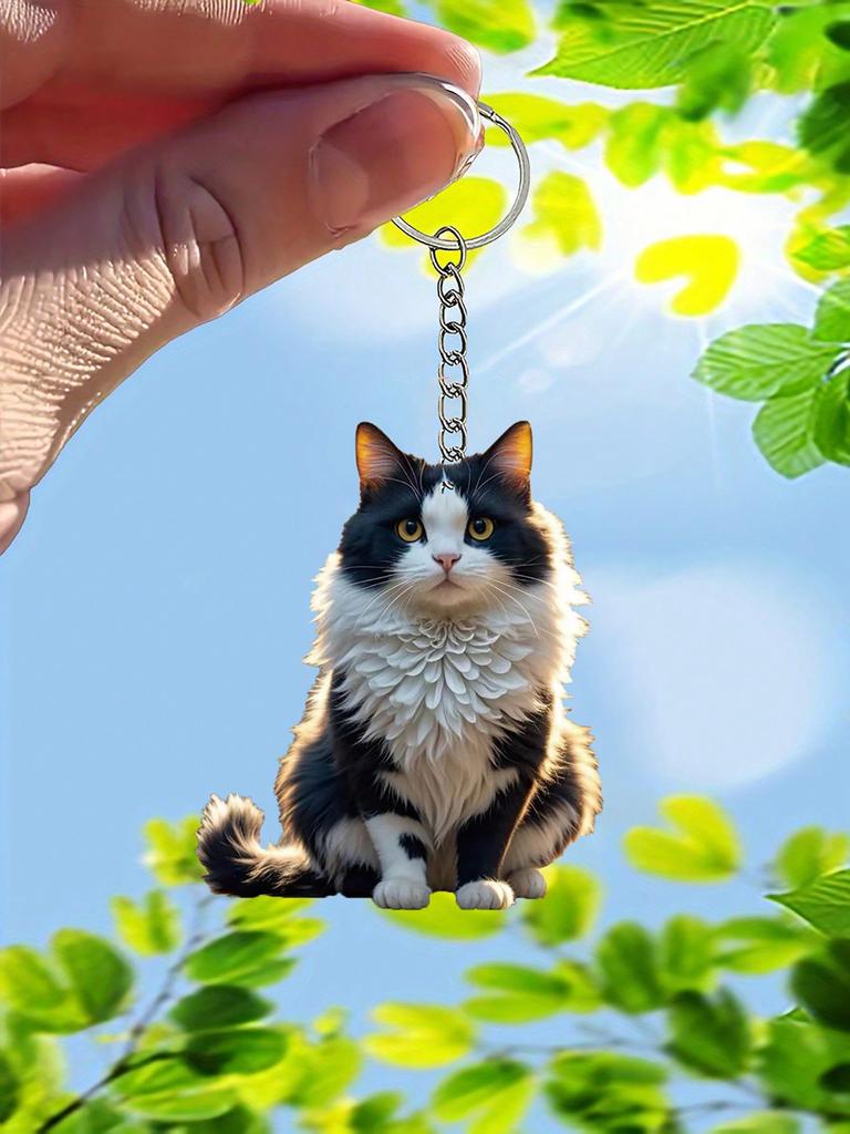 A cute black and white classic style cat keychain animal themed backpack decoration car key pendant pet enthusiast gift