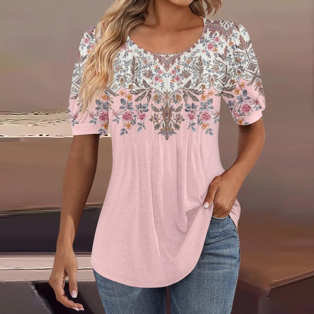 Женские пышные туники с короткими рукавами, топы, плиссированные блузки с воротником, повседневные свободные весенне-летние футболки