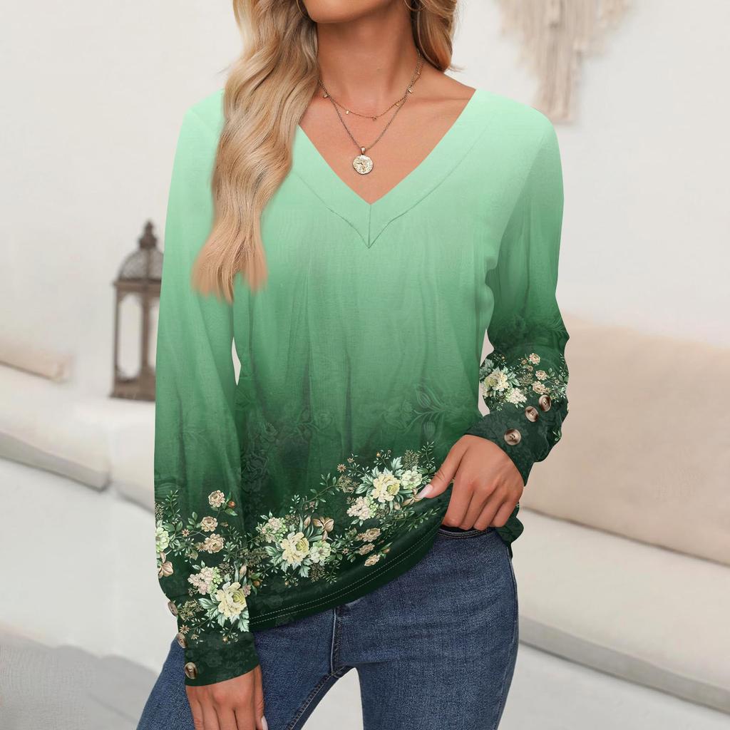 Women's Tops Floral Print Long Sleeve Shirt V Neck Casual Loose Tee Autumn Clothing