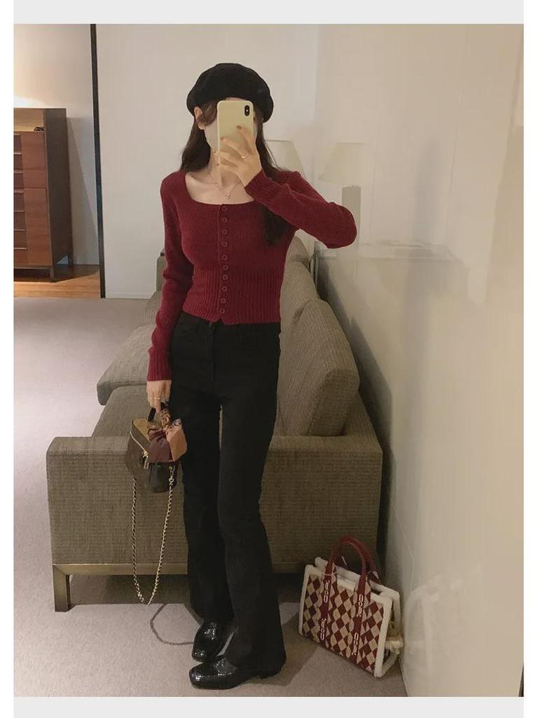 Женский облегающий вязаный кардиган - квадратный воротник, длинный рукав, короткая талия для осени/зимы