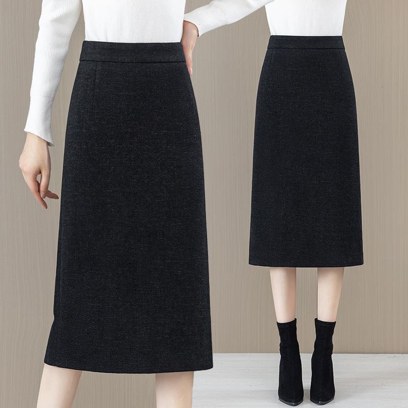 2025 Woolen High Waist A-Line Mid-Length Skirt for Women - Autumn/Winter Hip-Wrap Style