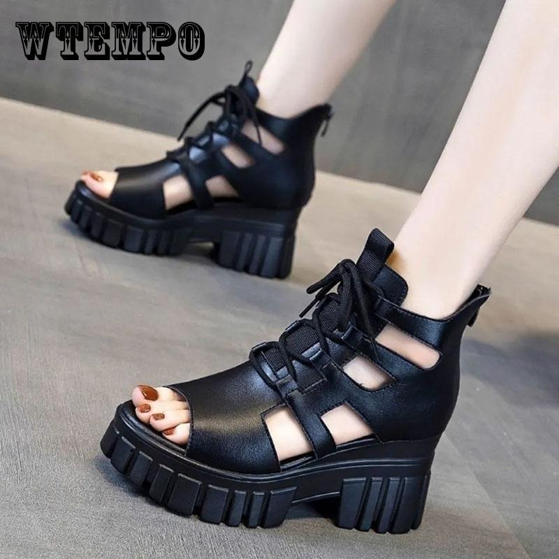 Female Summer Hollow Out Breathable Roman Sandals Women's Large Size All-match High-heeled Platform Black Sandals