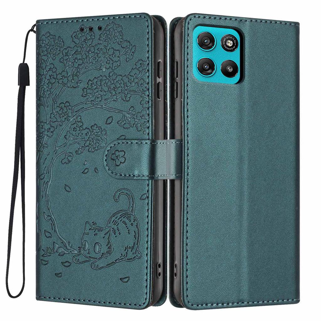 For Motorola Moto G67 Power 5G/G57 Power 5G Stand Case Tree-and-Cat Pattern PU Leather Wallet Protective Phone Cover with Wrist Strap