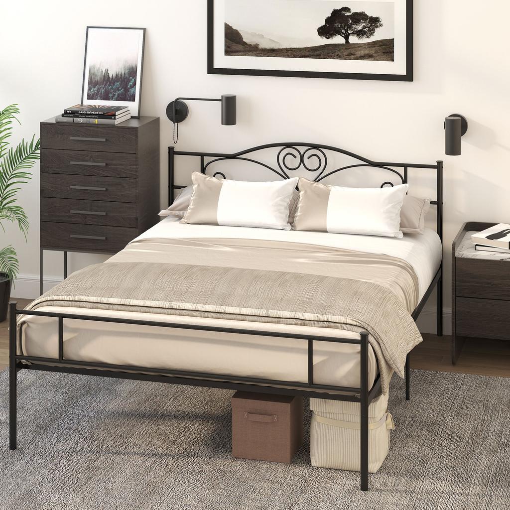 Metal Bed Frame with Headboard, 300 kg Load Capacity, 145L x 211W x 106H cm, Black