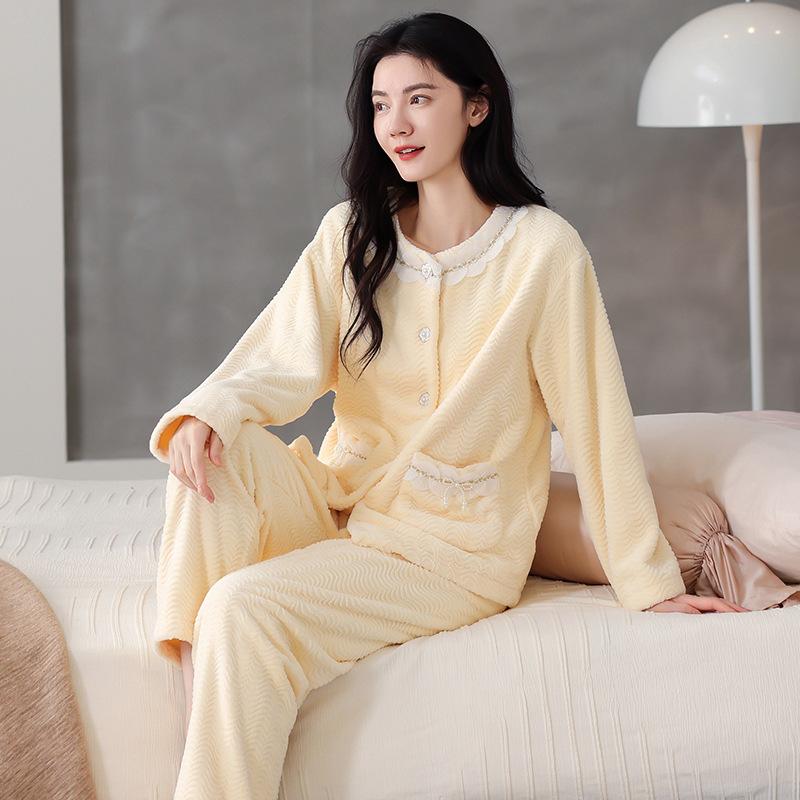 Coral fleece pajamas women's new cardigan round neck fleece thickened winter flannel can be worn outside loungewear set