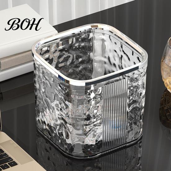 Decorative Small Waste Bin Desktop Trash Can with Pop-Up Lid, Transparent Glacier Texture Waterproof Holder for Table Bin, Compact Plastic Garbage