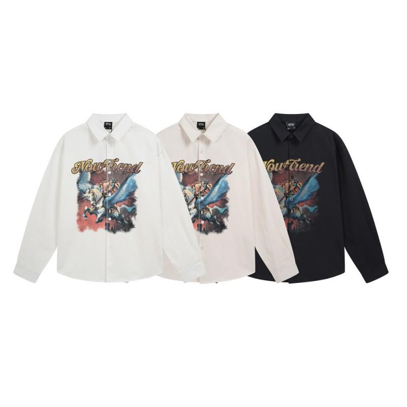Mens Loose Long Sleeve Shirt Cartoon Pegasus Print Streetwear Casual Button Down Fall