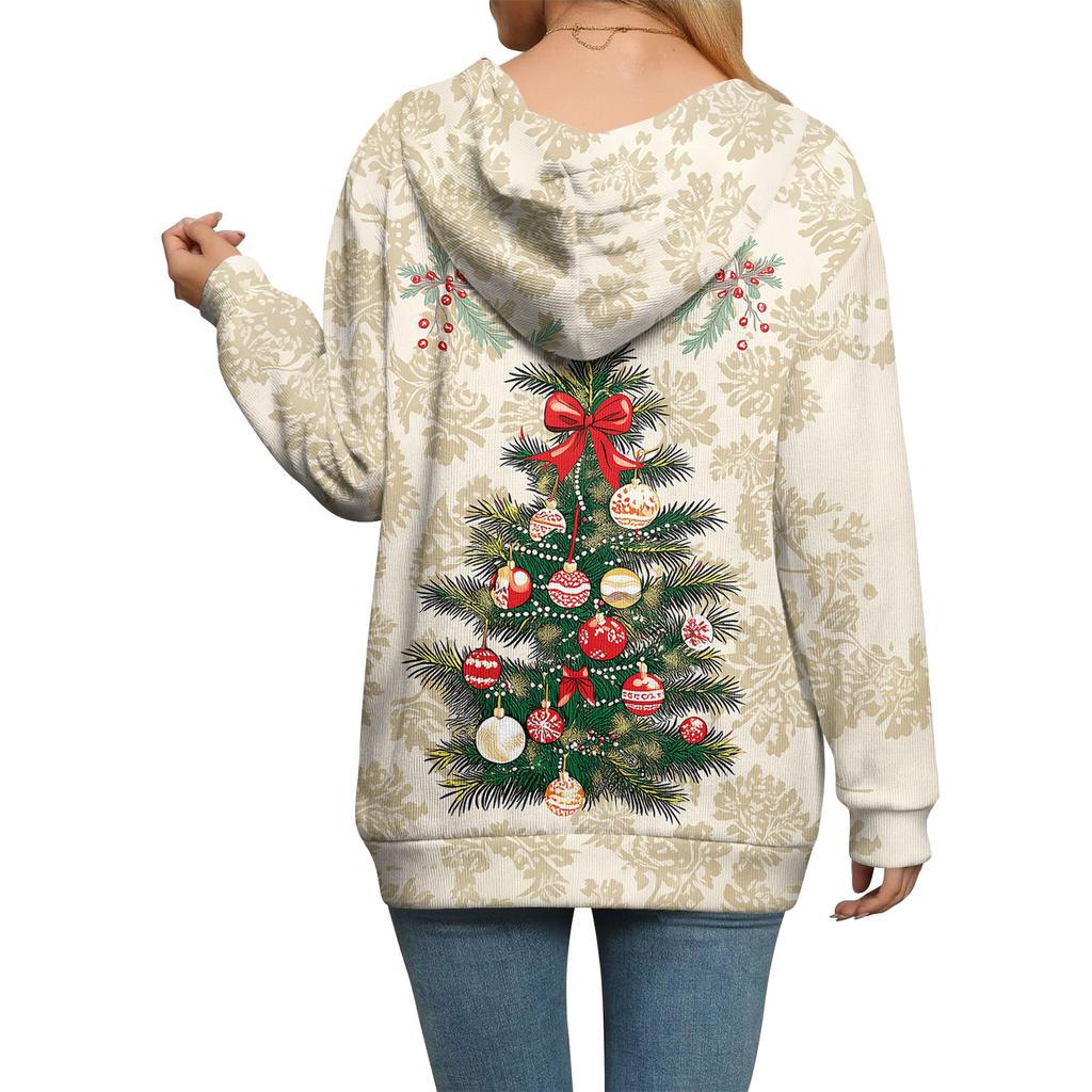 Женская повседневная модная вязаная толстовка с длинными рукавами и застежкой-молнией, с рождественским принтом