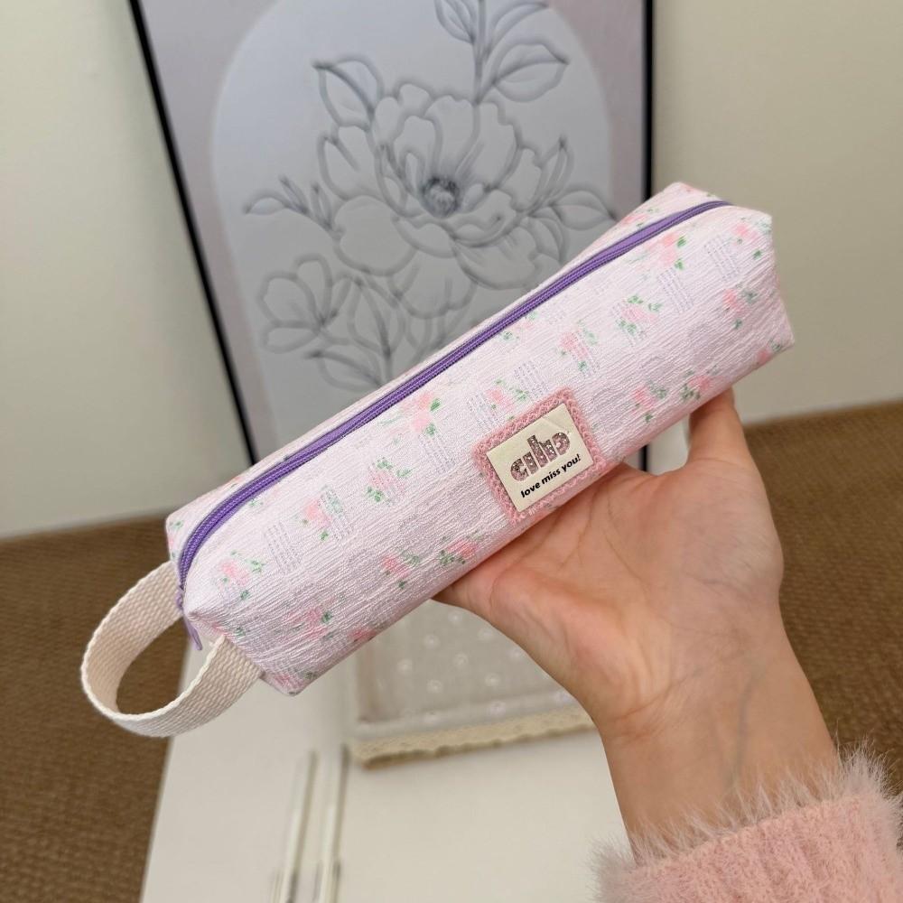 Portable Floral Pencil Case with Handle Pencil Holder School Student Supplies