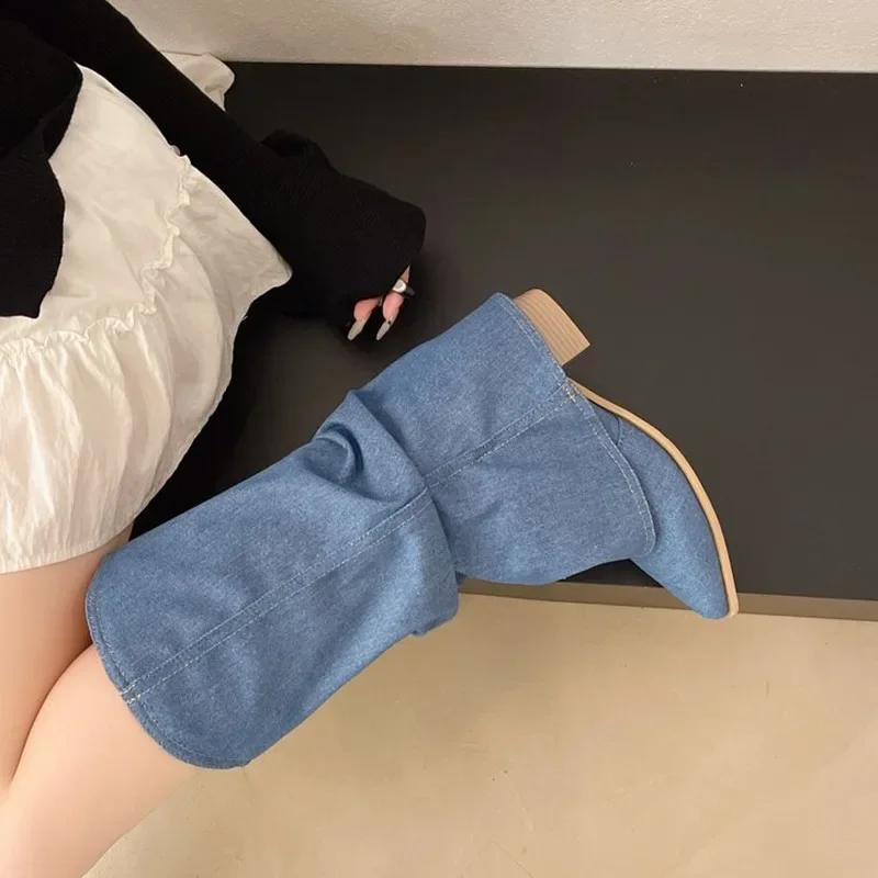 Fashion Luxury Designer Brand Pointed Cowboy Single Boots Women's Four Seasons Sleeve Non-Slip Wear-Resistant Square Heel Mid-Cone Boot