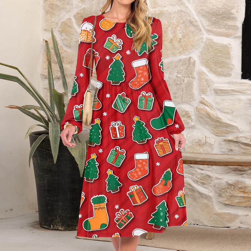 Women's Christmas Printed Fashionable Loose Round-neck Dress