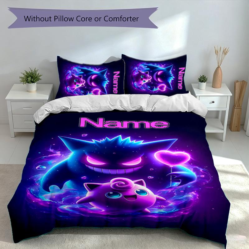 3pcs Custom Name Pokémon Gengar Bedding Set,Includes 1 Duvet Cover and 2 Pillowcases,All-season Bedroom Decor