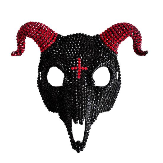 Black And White Mask Halloween Rhinestone Full Face Mask, Skull Ram Horn Comfortable Headgear Masquerade Sparkly Crystal Glitter Party for Adults