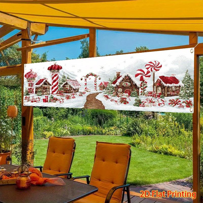 Winter Christmas Fence Banner, Gingerbread House & Candy Pattern, Polyester Outdoor Lawn Wall Festival Decoration