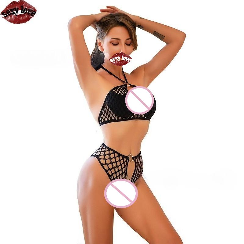 Sexy Love Underwear Women Micro Bikini Two Piece Set Fishing Net Hollow Neck Hanging Loop Lingerie