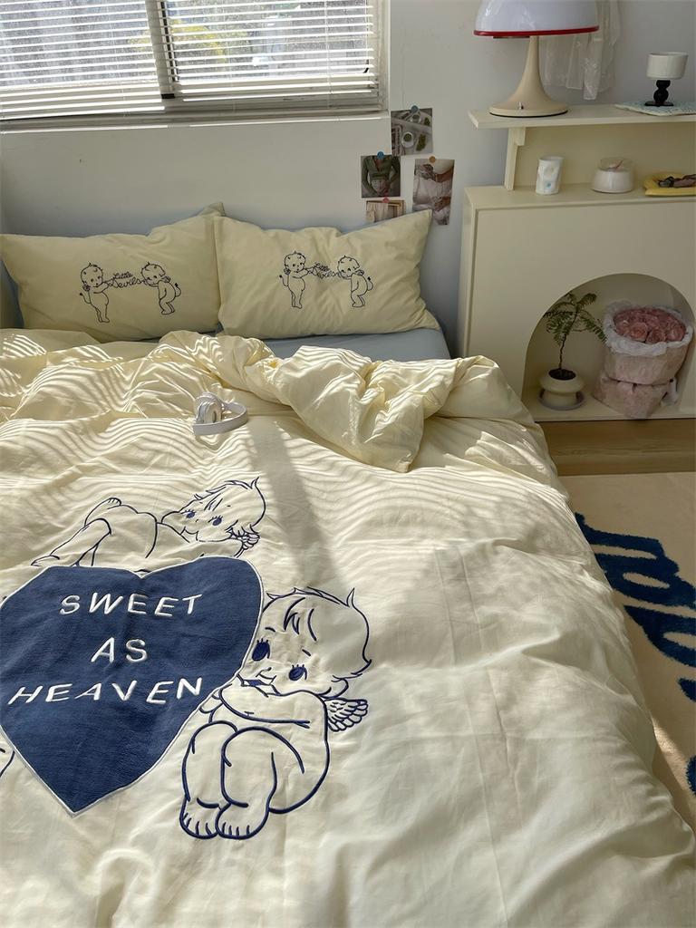 Стираный хлопок с вышивкой «девчачье сердце» из чистого хлопка, комплект из четырех предметов из стираного хлопка, простыня из чистого хлопка, пододеяльник