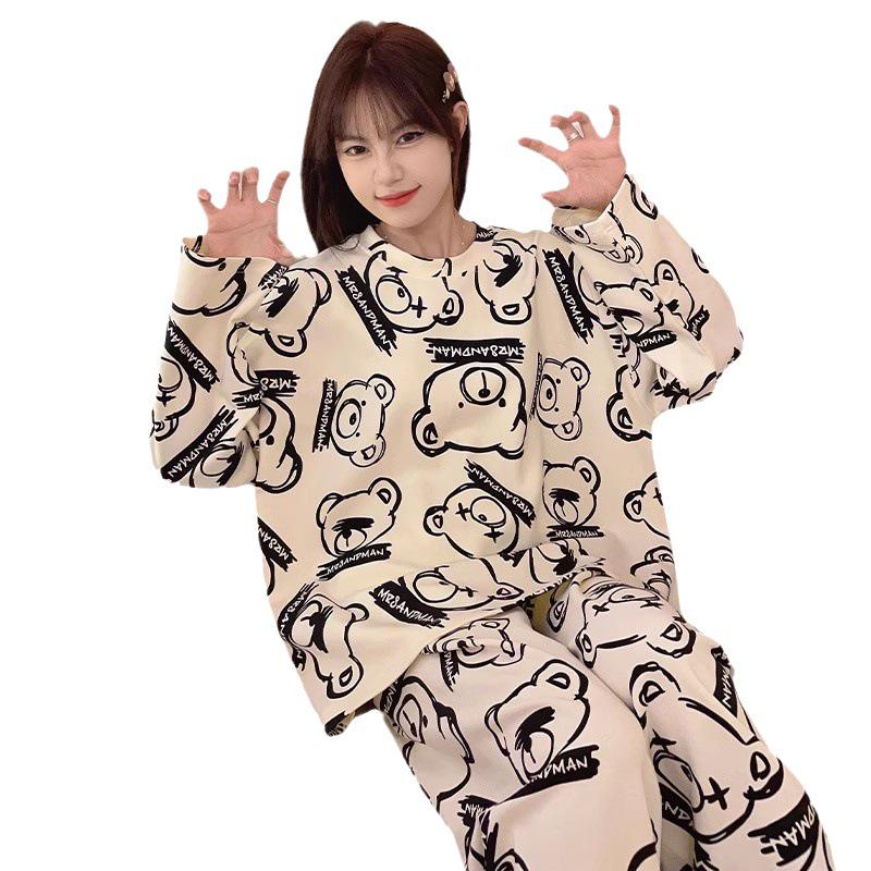 Женский пижамный комплект с длинным рукавом - Милый мультяшный принт, Большой размер, для весны и осени, для дома/улицы