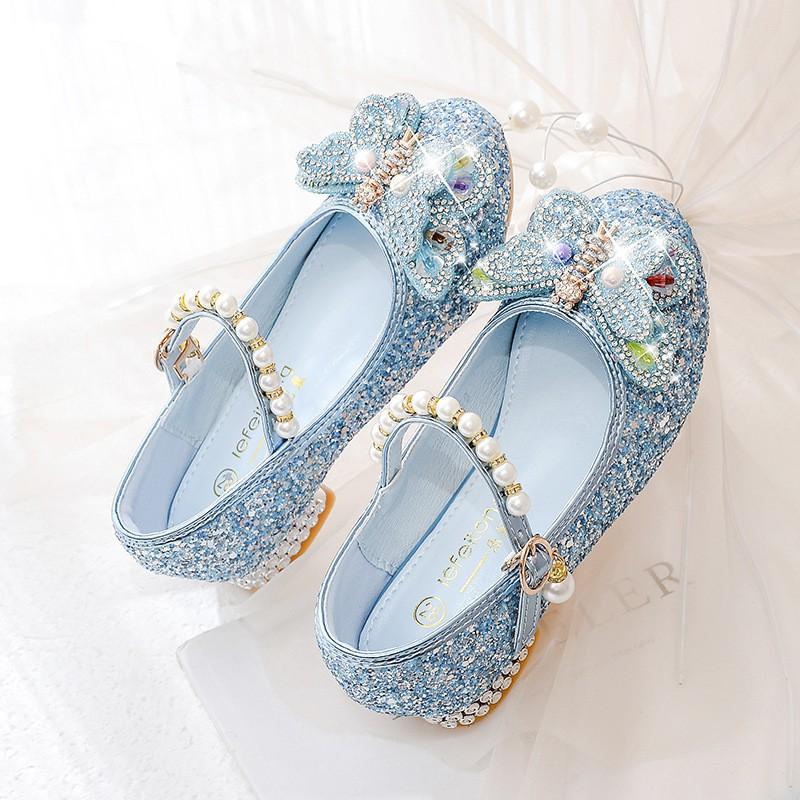 Girls Princess Dress Shoes Kids Ballet Flat Glitter Butterfly Crystal Low Top Hook Loop