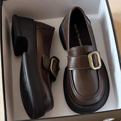 Туфли женские кожаные на платформе коричневого цвета с круглым носком, новинка осени 2025 года, универсальные туфли на толстом каблуке, одинарные туфли