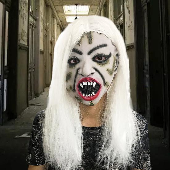Halloween Horror Grimace Ghost Masque Scary Full Head Latex Zombie Masque with Hair Creepy Halloween Party Cosplay Costume