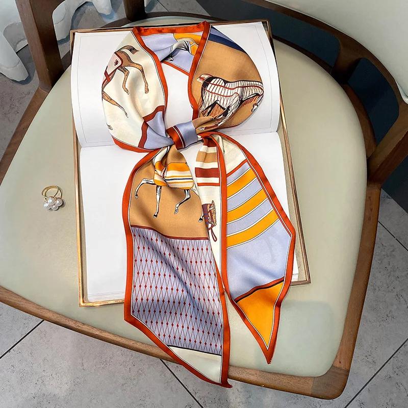 Длинный шелковый шарф-мешок, галстук, женская шея, узкие шарфы, повязка на голову, платок, принт лошади, брендовая женская шейная лента, весна, новинка