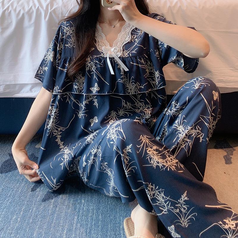 1011 new cotton and silk pajamas women's summer thin short-sleeved trousers set loose Korean version fresh and anti-bumping home