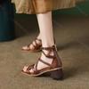 Comemore Strappy Roman Sandals Women New Brown Retro Chunky High Heel Square Head Shoes for Women Back Zip Heeled Sandal