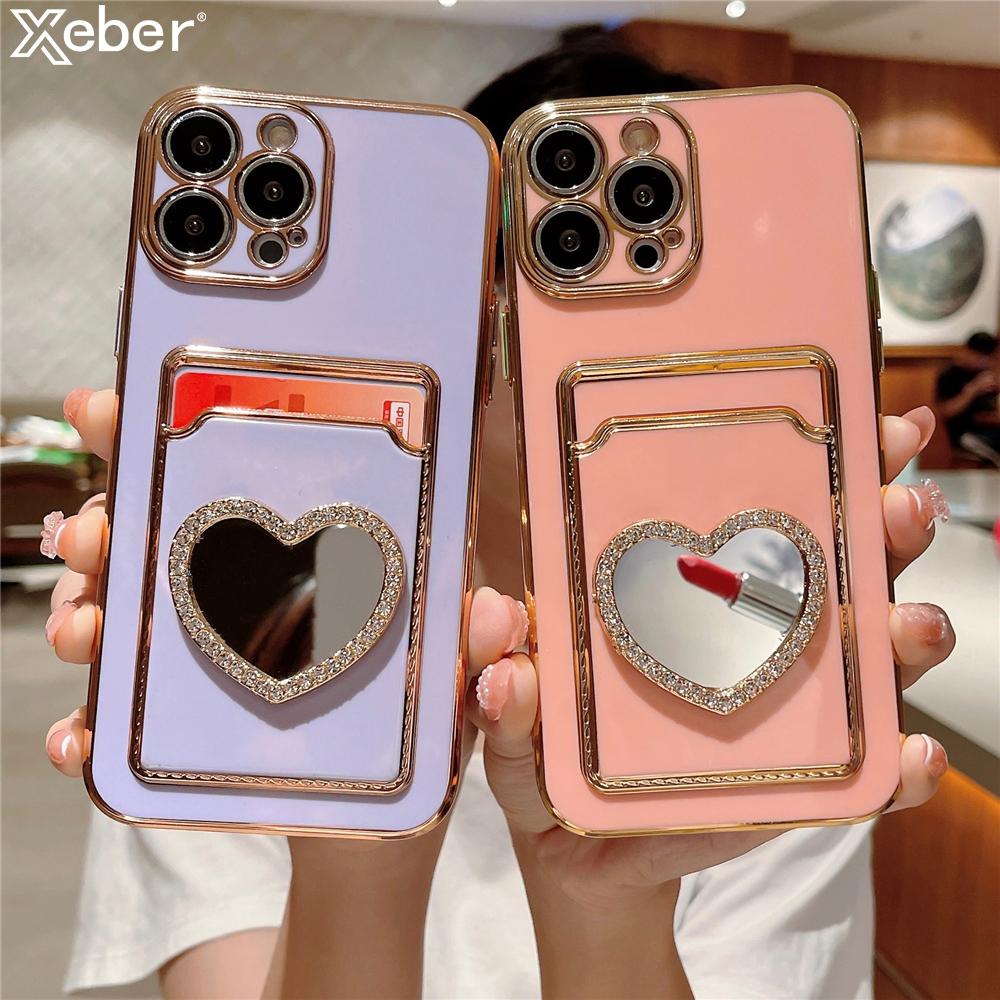 Чехол-кошелек для карт с блестками и стразами Love Heart, зеркальное покрытие для iPhone 16 15 14 13 11 12 Pro Max XS X 7 8 Plus, мягкая крышка для слота