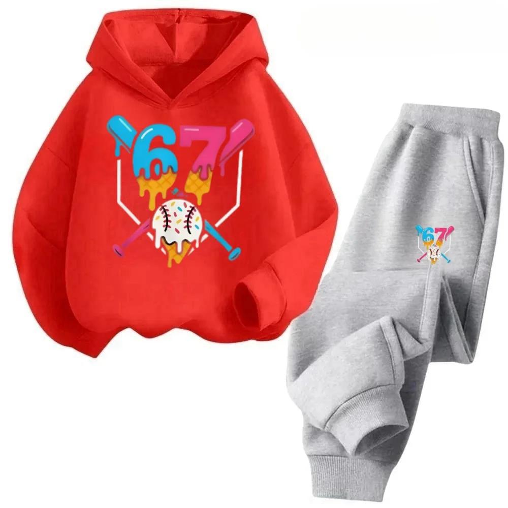 Bruh 67 Six Seven Funny Children's Hoodies Set Cartoon Print Tracksuit Casual Kids 2pcs Outfits Fashion Trend Pants Suit