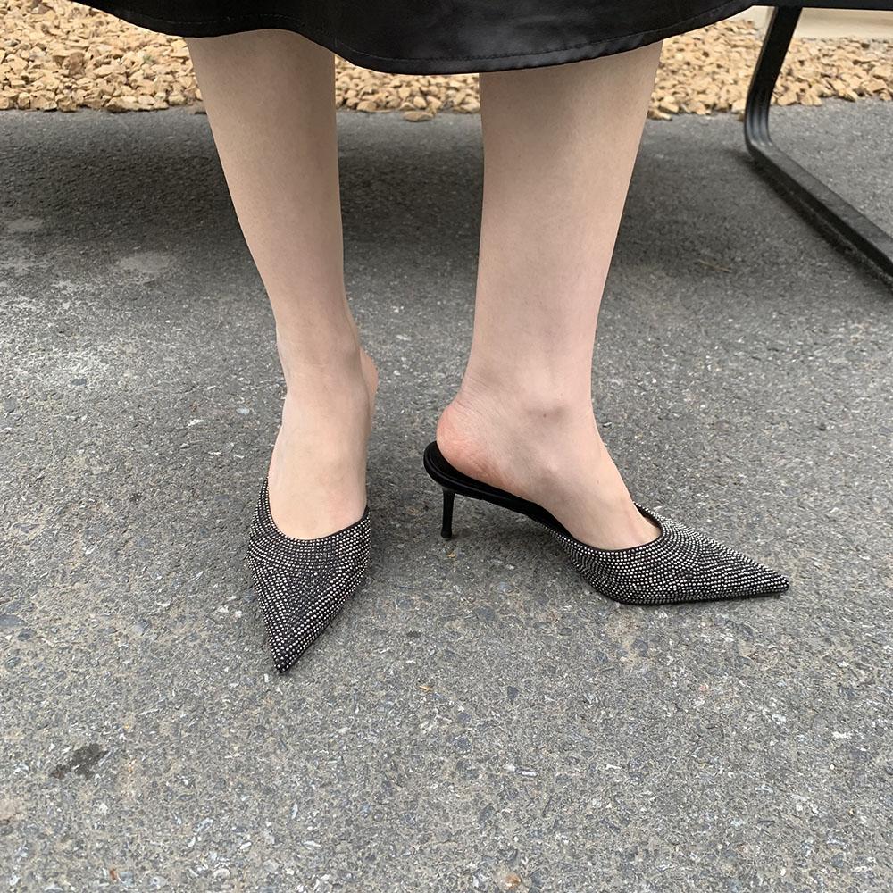 Модные женские босоножки со стразами, тонкие высокие каблуки, черные, зеленые, фиолетовые, бежевые, летние уличные туфли-мюли, туфли-лодочки на шпильках для вечеринок, размеры 35-39