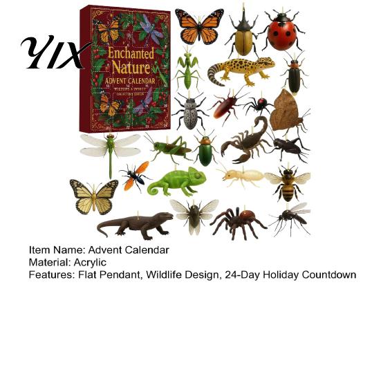 Reptile Collection Set 24-Day Christmas Countdown Calendar Box with 24 Insect And Acrylic Ornaments, 2D Wild Animal Figurines Flat Pendants