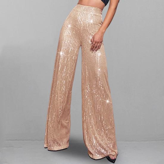 Women Nightclub Long Pants High Waist Sparkling Sequined Straight Wide Leg Pants Elastic Waist Loose Fit Solid Color Trousers