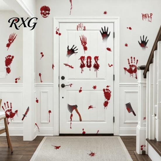 PVC Scary Footprint Decals Halloween Horror Stickers, with Spooky Handprints Footprints Printed, Self-adhesive Skeleton Wall Art Decals, for Party And
