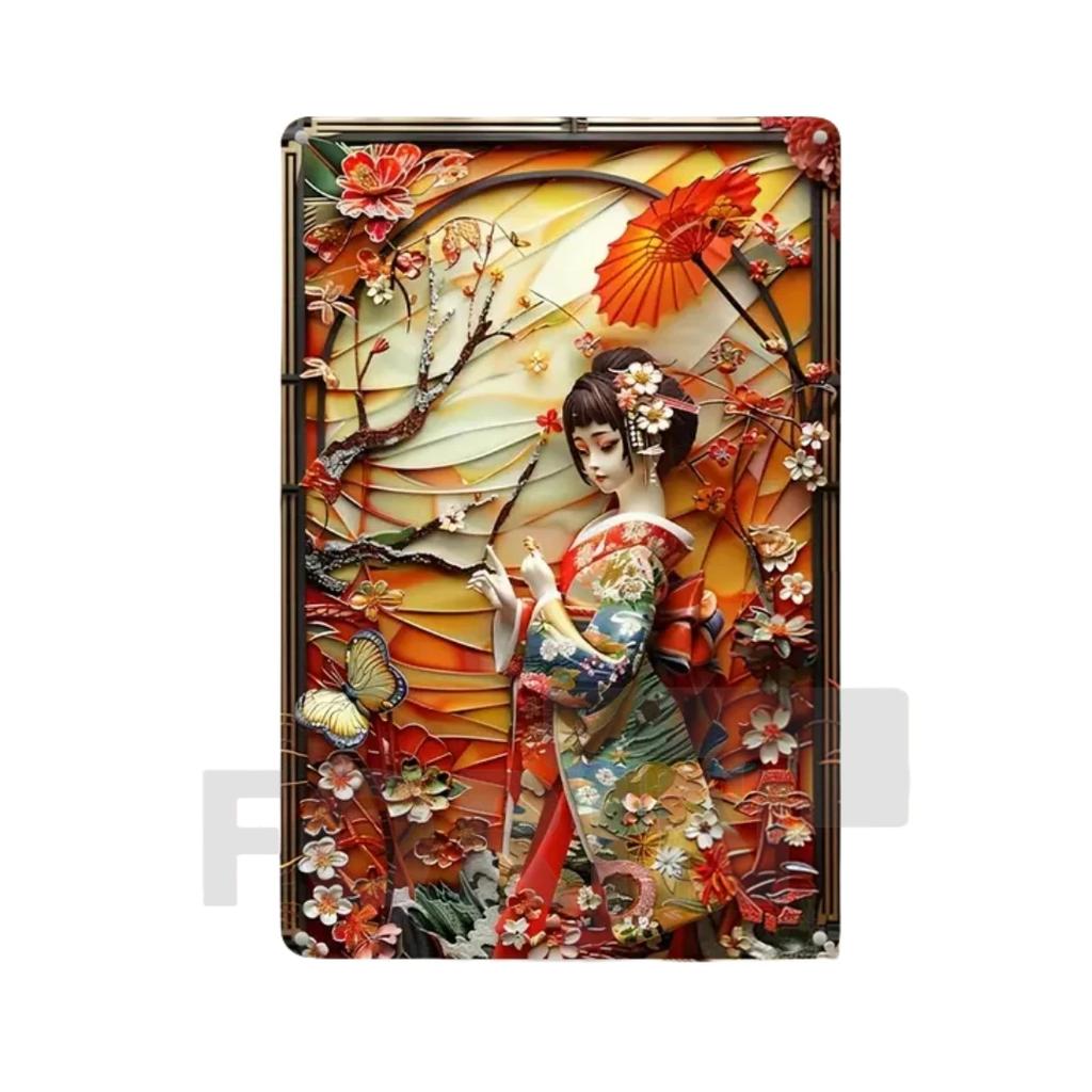 Японская гейша кимоно металлический знак, 2D элегантный японский постер с цветущей вишней, для дома, комнаты, офиса, идзакая, кафе, студии настенный декор