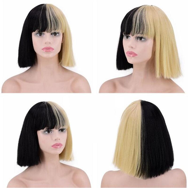 Парик для косплея Sia с живой челкой, подстриженной до глаз, наполовину черный и блонд, средней длины, термостойкий, + шапочка для парика